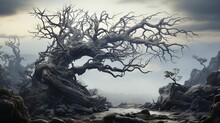  A Tree With No Leaves In A Rocky Area With Rocks.  Generative Ai