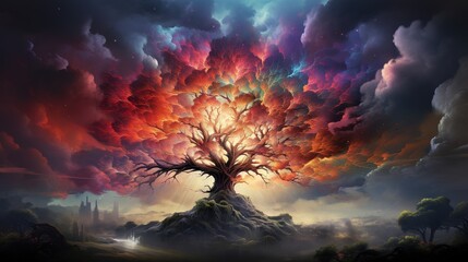 Wall Mural - a painting of a tree in the middle of the night. generative ai