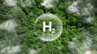 words H2 hydrogen in bubbles on a forest background.H2 hydrogen innovation zero emissions technology. Reduce carbon dioxide and greenhouse gases production fuel station. renewable fuel green energy.