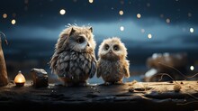  Two Little Owls Sitting On A Log In Front Of A Night Sky.  Generative Ai