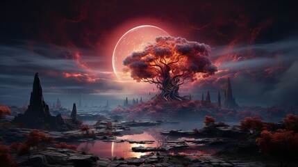 Wall Mural - a fantasy landscape with a tree and a moon in the sky. generative ai