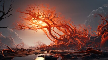 Wall Mural - a painting of a tree with a sun in the background. generative ai