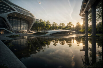 futuristic sports arena stadium.Ai generate illustrator. hi-tech architecture building dome. future hall technology background. competition sports program. abstract concept design. widescreen shot.