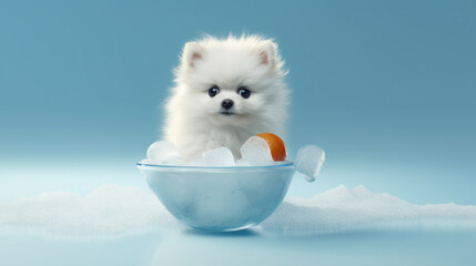 Sticker - white pomeranian puppy in a bowl HD 8K wallpaper Stock Photographic Image
