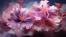  A Group Of Pink Flowers On A Blue Background With Smoke.  Generative Ai
