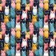 seamless pattern of watercolor colorful cats and plants. generated ai