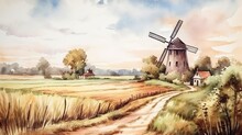 Watercolor Idyllic Landscape Countryside, Field And Windmill. Generated Ai