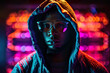 © ADDICTIVE STOCK - Generative AI illustration portrait of stylish African American man in hood and eyeglasses standing near wall with neon lights and looking at camera