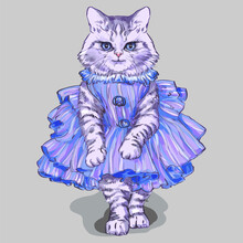 Cute Cat In Fashionable Clothes. Vector Drawing.  Cartoon Cat For Children's T-shirts, Children's Books And Greeting Cards. Stylish Cat. Watercolor