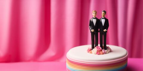 Gay wedding cake with a figurine of a couple of two grooms, concept of same-sex marriage between 2 men, panoramic pink web banner with copy space