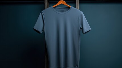 Wall Mural - Navy t-shirt on a hanger photo realistic illustration - Generative AI.