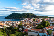 Panoramic Aerial View Of The Old Town, The Port And The Fortress Of Angra Do Heroismo, Terceira Island, Portugal