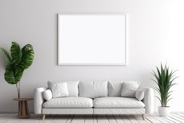 A large white blank picture frame hangs over a large white sofa, mockup, horizontal, landscape format, generative AI