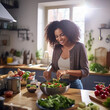 Photo of a smiling young African American woman preparing salad from fresh vegetables in the kitchen at home. Generative AI