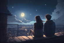  Young Dreamy Couple Looking At The Night Sky With Full Moon, Romantic Scene, Illustration Generative AI
