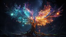  A Painting Of A Tree With A Colorful Bird On It.  Generative Ai