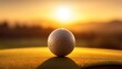 Close-up of golf ball on tee. Sunrise background. Generative AI