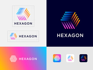 Wall Mural - Hexagon logo and Identity. Geometric form consists of thin color elements. Abstract Box.