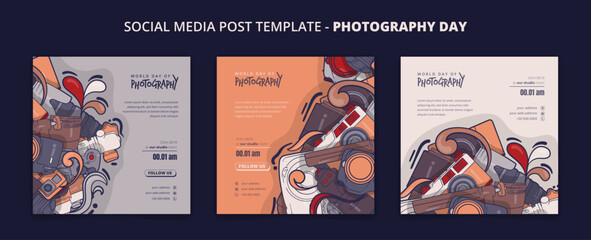 Set of social media post template with camera in doodle art for photography day campaign