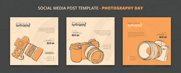 Social media post template with camera in hand drawn design for photography day campaign