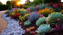 Beautiful Drought Tolerant Landscaping In California With Succulent And Cactus. A Colourful And Conscious Botany Design. Generative AI