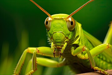 Closeup of Grasshopper in Green Grass. Detailed Shot of Insect on Leaf with Striking Architecture Wall on Background. Generative AI