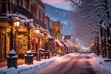 Exploring Downtown Aspen, Colorado In Winter - Resort, Shopping, And Snow-Covered Streets Against Blue Skies. Generative AI