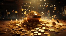 A Huge Pile Of Gold Coins And Money Bursting Out 