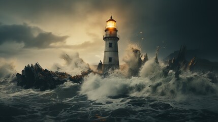 Poster -  a lighthouse in the middle of the ocean surrounded by waves.  generative ai