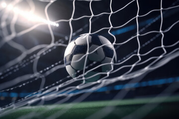 Soccer ball flew into net of the goal. Soccer ball bends the net inside soccer stadium, generative AI