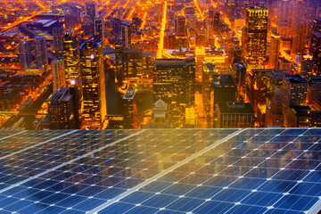 Wall Mural -  Solar panel over cityscapes, solar power green energy for life concept,