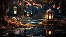  A Lantern Is Lit In The Middle Of A Pond With Flowers.  Generative Ai