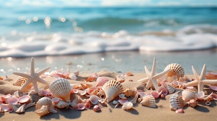 Canvas Print -  a bunch of seashells and starfish on a beach.  generative ai