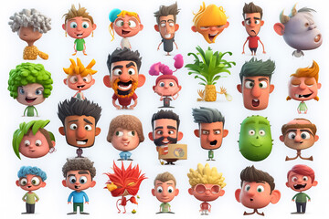 Vegetables and fruits character collection and icons funny stylized sketch cartoon characters. Generative AI.