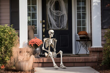 Halloween Background. Decorative Skeleton Sits On Orange Pumpkins On The Porch. Halloween Decor. High Quality Photo