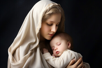 Wall Mural -  Holy Mary holding baby Jesus Christ in her arms. Graphic representation. AI generativ.