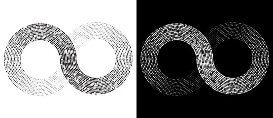 Fototapete - Spiral as halftone dotted abstract infinity symbol. Black shape on a white background and the same white shape on the black side.