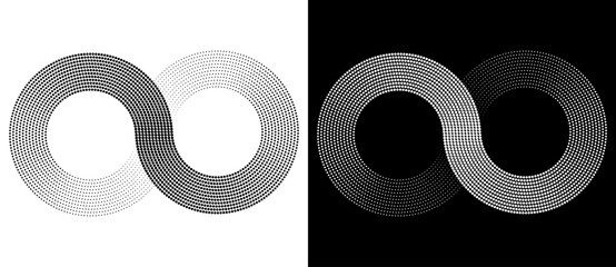 Fototapete - Spiral as halftone dotted abstract infinity symbol. Black shape on a white background and the same white shape on the black side.