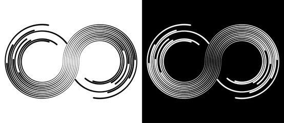 Fototapete - Spiral with lines as abstract infinity symbol. Black shape on a white background and the same white shape on the black side.