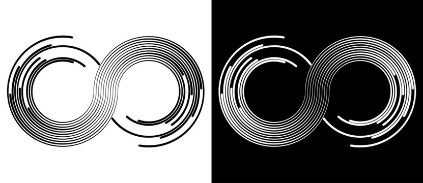 Spiral with lines as abstract infinity symbol. Black shape on a white background and the same white shape on the black side.