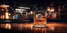 AI Generated. AI Generative. Classic Alcohol Whiskey Scotch Drink In Glass With Ice Cubes At Bar Pub. Night Club Background Decoration Mock Up. Graphic Art