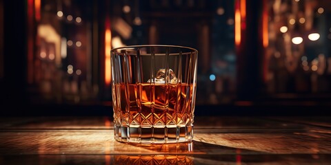 Wall Mural - AI Generated. AI Generative. Classic alcohol whiskey scotch drink in glass with ice cubes at bar pub. Night club background decoration mock up mockup view