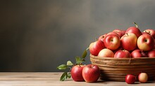  A Wooden Basket Filled With Red Apples On Top Of A Table.  Generative Ai