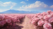  A Field Of Pink Flowers With A Mountain In The Background.  Generative Ai