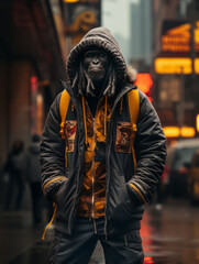 Wall Mural - Anthropomorphic gorilla monkey wearing hoodie and dreadlocks in a city, on downtown street, urban underground retro style and charismatic human attitude