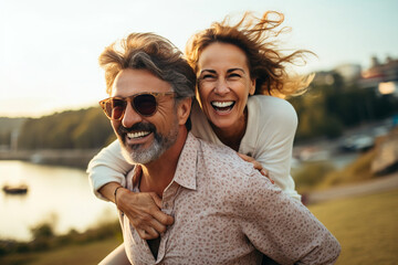 overjoyed adult couple having fun outdoors. High quality photo