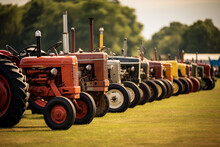Old And Rusty Agricultural Tractors Lined Up. High Quality Photo