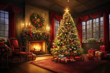 cozy interior with christmas decorations and fireplace