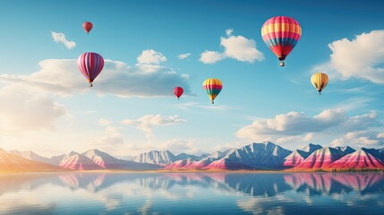 Canvas Print -  a group of hot air balloons flying over a mountain range.  generative ai