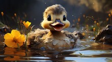  A Duckling In The Water With Yellow Flowers In The Background.  Generative Ai